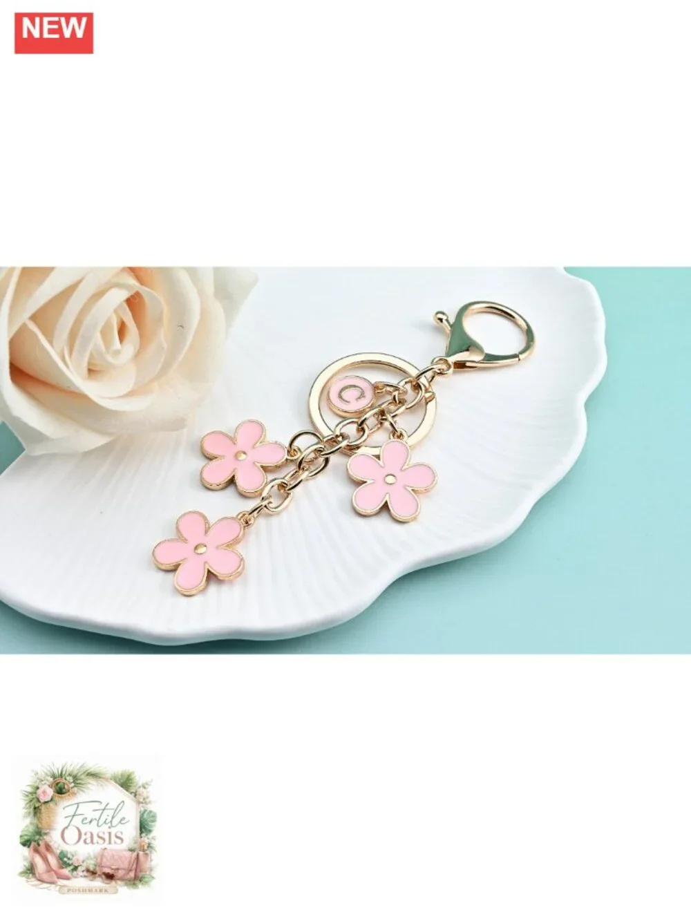 Personalized Initial Keychain with Floral Charm - Zinc Alloy Bag Charm